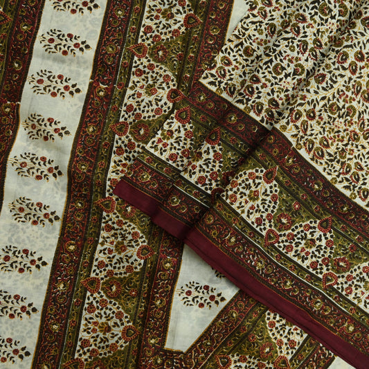 Indian Vintage Ivory & Green Saree Pure Silk Printed Sari 5yd Sewing Craft Fabric Dress Making Soft Crafting Quilting Quilting Upcycle