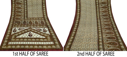 Indian Vintage Ivory & Green Saree Pure Silk Printed Sari 5yd Sewing Craft Fabric Dress Making Soft Crafting Quilting Quilting Upcycle