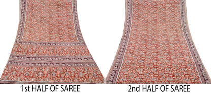 Indian Vintage Sari Orange Printed 100% Pure Cotton Sarees Craft Fabric Soft 5Yd Sewing Sarong Wrap Boho Dress making Quilting Crafting