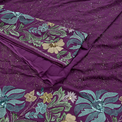 Indian Vintage Purple Saree Pure Georgette Silk Hand Beaded Sari Fabric 5Yd Sewing Soft Ethnic Dress making Crafting Bollywood Party Wear