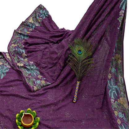Indian Vintage Purple Saree Pure Georgette Silk Hand Beaded Sari Fabric 5Yd Sewing Soft Ethnic Dress making Crafting Bollywood Party Wear