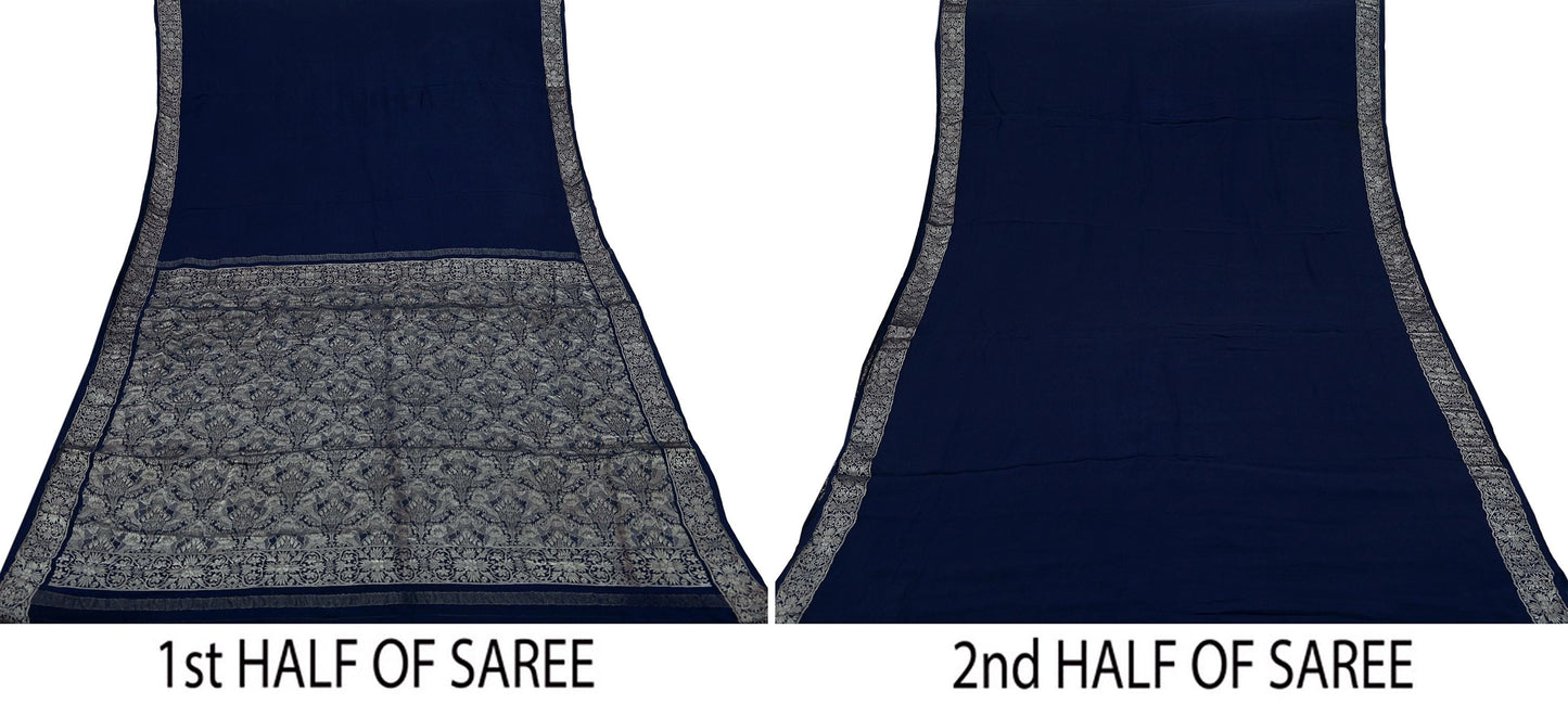 Indian Vintage Heavy Blue Saree Pure Georgette Silk Hand Woven Sari Craft Fabric 5Yd Sewing Soft Ethnic Zari Dress Making Wedding Sari