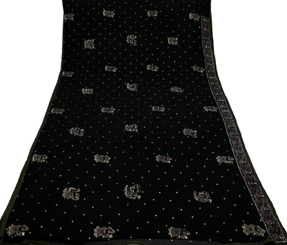 Indian Vintage Heavy Sari Black Pure Georgette Silk Hand Beaded Sarees Craft Fabric 5Yd Sewing Soft Ethnic Wedding Heavy Sarees Dress making
