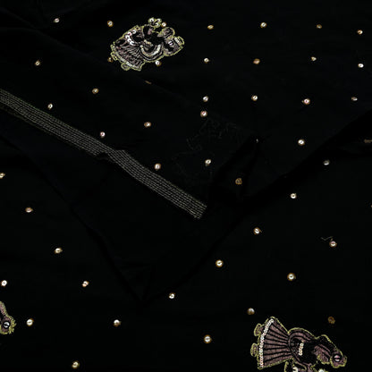 Indian Vintage Heavy Sari Black Pure Georgette Silk Hand Beaded Sarees Craft Fabric 5Yd Sewing Soft Ethnic Wedding Heavy Sarees Dress making