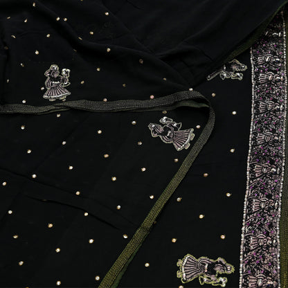Indian Vintage Heavy Sari Black Pure Georgette Silk Hand Beaded Sarees Craft Fabric 5Yd Sewing Soft Ethnic Wedding Heavy Sarees Dress making