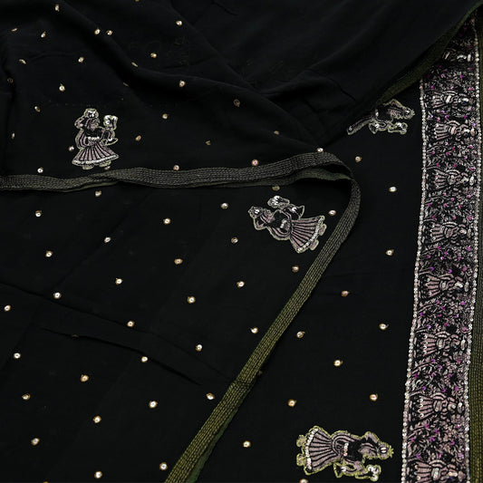 Indian Vintage Heavy Sari Black Pure Georgette Silk Hand Beaded Sarees Craft Fabric 5Yd Sewing Soft Ethnic Wedding Heavy Sarees Dress making