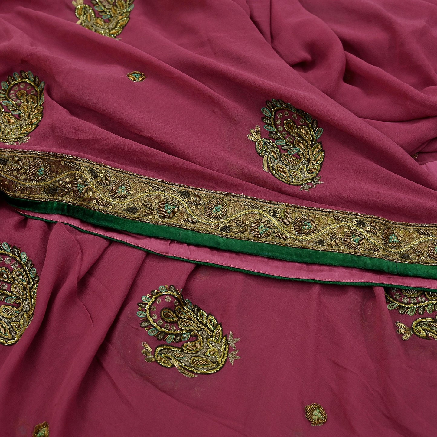 Indian Vintage Heavy Sarees Pink Pure Georgette Silk Hand Embroidered Sari Fabric 5Yd Sewing Ethnic Zardozi/dabka zari Wedding sarees