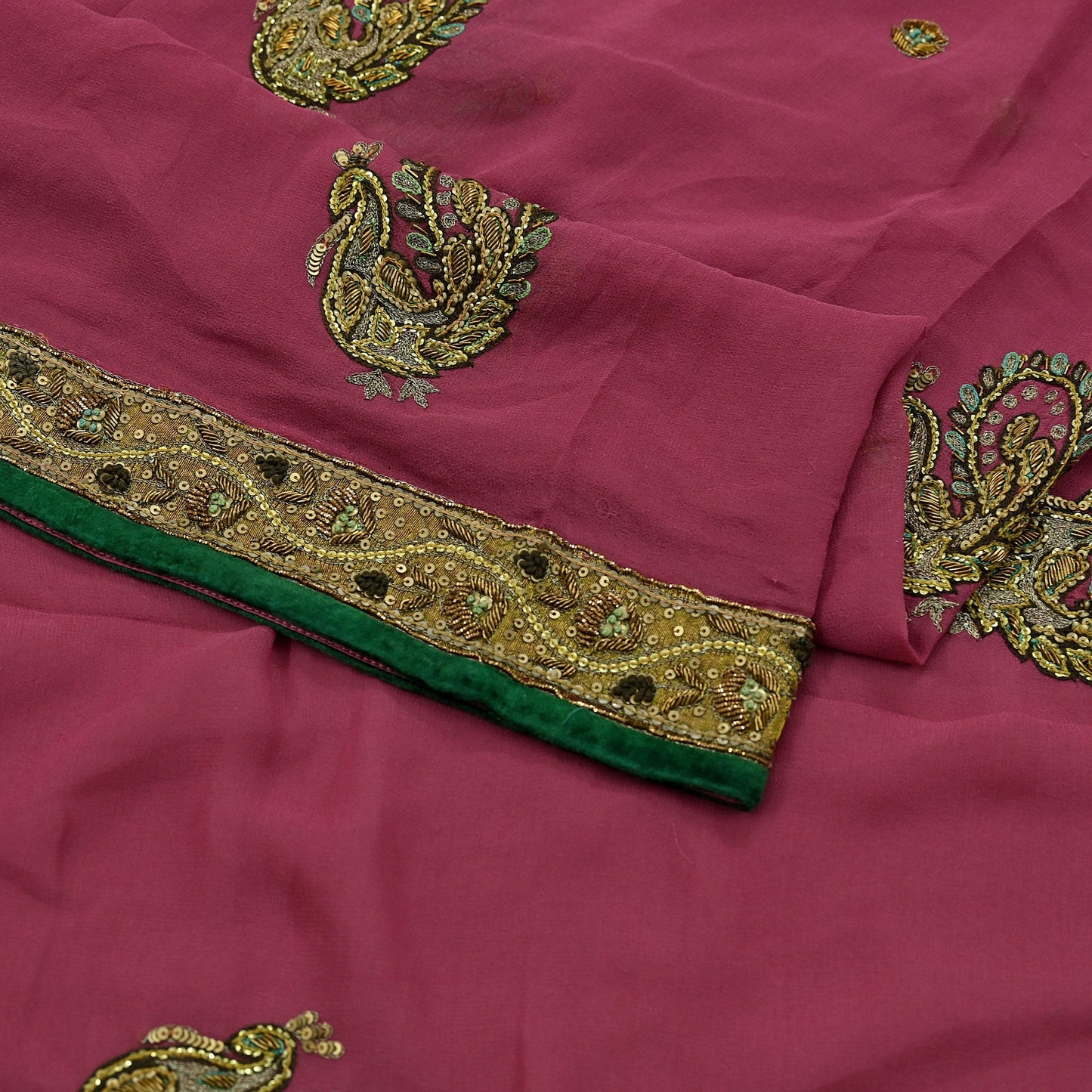 Indian Vintage Heavy Sarees Pink Pure Georgette Silk Hand Embroidered Sari Fabric 5Yd Sewing Ethnic Zardozi/dabka zari Wedding sarees