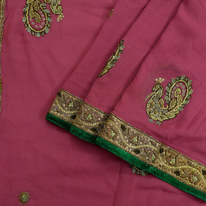 Indian Vintage Heavy Sarees Pink Pure Georgette Silk Hand Embroidered Sari Fabric 5Yd Sewing Ethnic Zardozi/dabka zari Wedding sarees