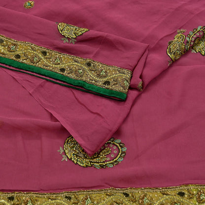 Indian Vintage Heavy Sarees Pink Pure Georgette Silk Hand Embroidered Sari Fabric 5Yd Sewing Ethnic Zardozi/dabka zari Wedding sarees