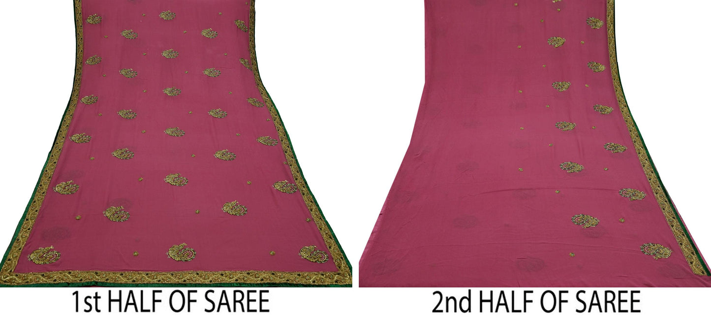 Indian Vintage Heavy Sarees Pink Pure Georgette Silk Hand Embroidered Sari Fabric 5Yd Sewing Ethnic Zardozi/dabka zari Wedding sarees