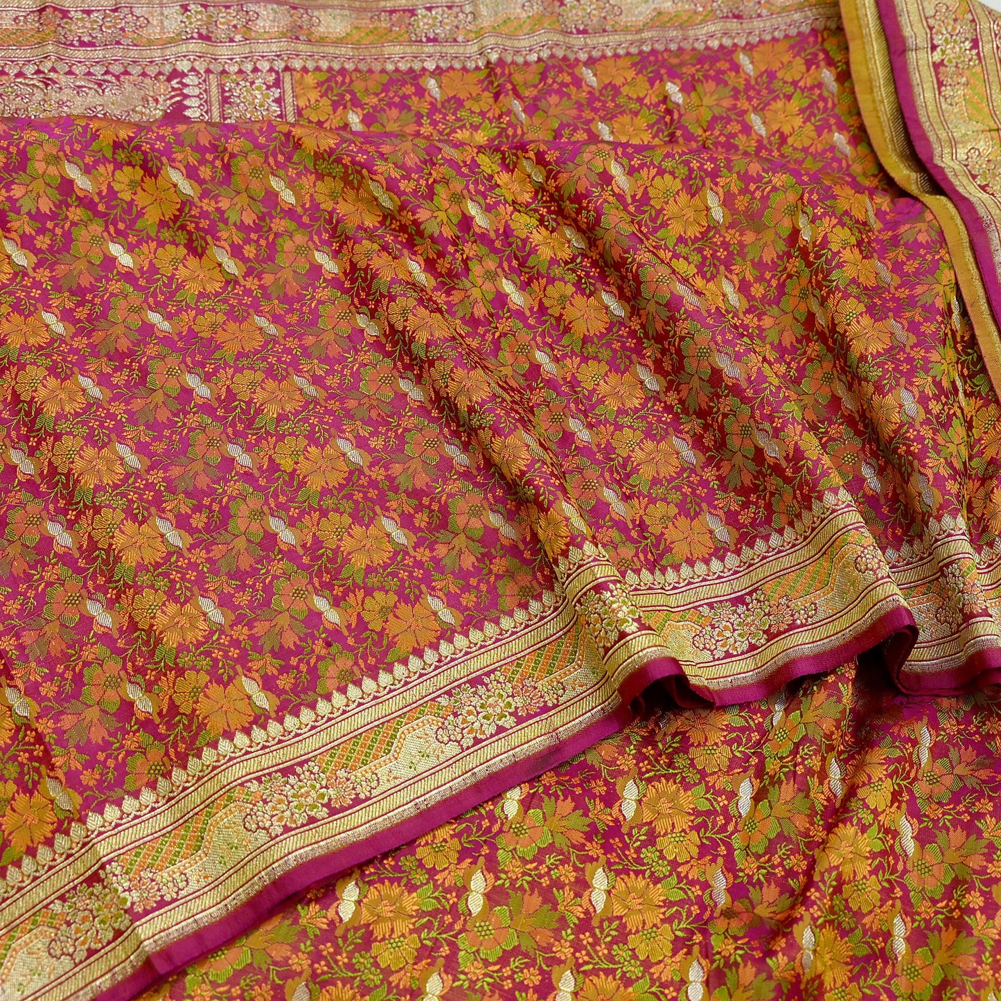 Indian Vintage Heavy Wedding Sari Pink Pure Satin Silk Woven Banarasi Tanchoi Sarees Zari 5Yd Ethnic Craft Fabric Upcycle Dress Making Used