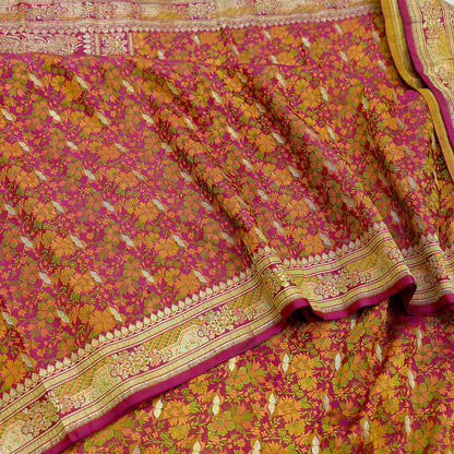 Indian Vintage Heavy Wedding Sari Pink Pure Satin Silk Woven Banarasi Tanchoi Sarees Zari 5Yd Ethnic Craft Fabric Upcycle Dress Making Used