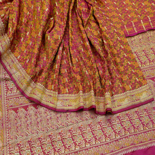 Indian Vintage Heavy Wedding Sari Pink Pure Satin Silk Woven Banarasi Tanchoi Sarees Zari 5Yd Ethnic Craft Fabric Upcycle Dress Making Used