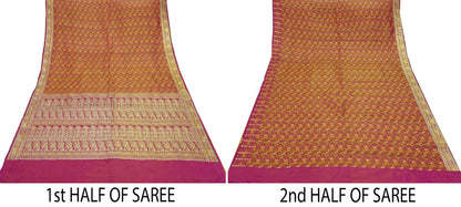 Indian Vintage Heavy Wedding Sari Pink Pure Satin Silk Woven Banarasi Tanchoi Sarees Zari 5Yd Ethnic Craft Fabric Upcycle Dress Making Used