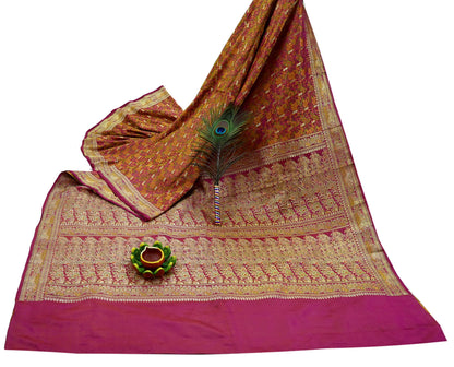 Indian Vintage Heavy Wedding Sari Pink Pure Satin Silk Woven Banarasi Tanchoi Sarees Zari 5Yd Ethnic Craft Fabric Upcycle Dress Making Used