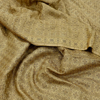 Indian Vintage Sari Beige Heavy Pure Satin Silk Hand Woven Tanchoi Sarees Ethnic Wear 5Yd Paisley Craft Fabric Dress Making Crafting