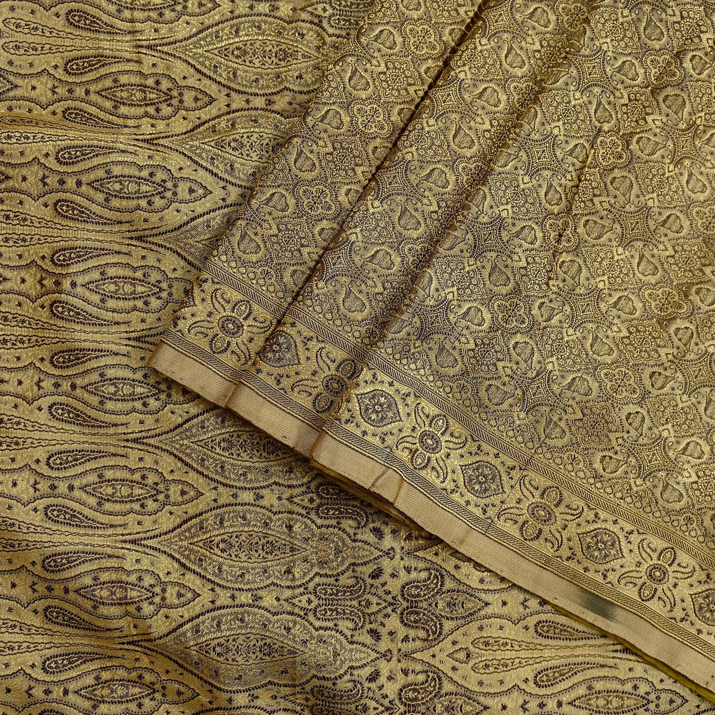Indian Vintage Sari Beige Heavy Pure Satin Silk Hand Woven Tanchoi Sarees Ethnic Wear 5Yd Paisley Craft Fabric Dress Making Crafting