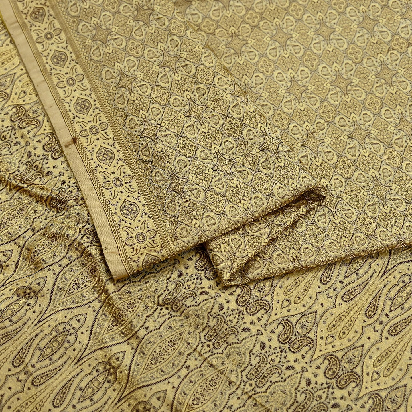 Indian Vintage Sari Beige Heavy Pure Satin Silk Hand Woven Tanchoi Sarees Ethnic Wear 5Yd Paisley Craft Fabric Dress Making Crafting