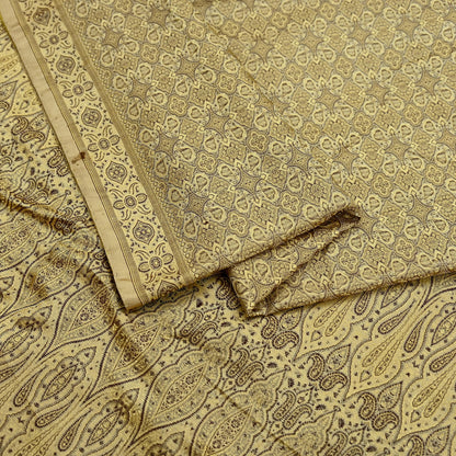 Indian Vintage Sari Beige Heavy Pure Satin Silk Hand Woven Tanchoi Sarees Ethnic Wear 5Yd Paisley Craft Fabric Dress Making Crafting