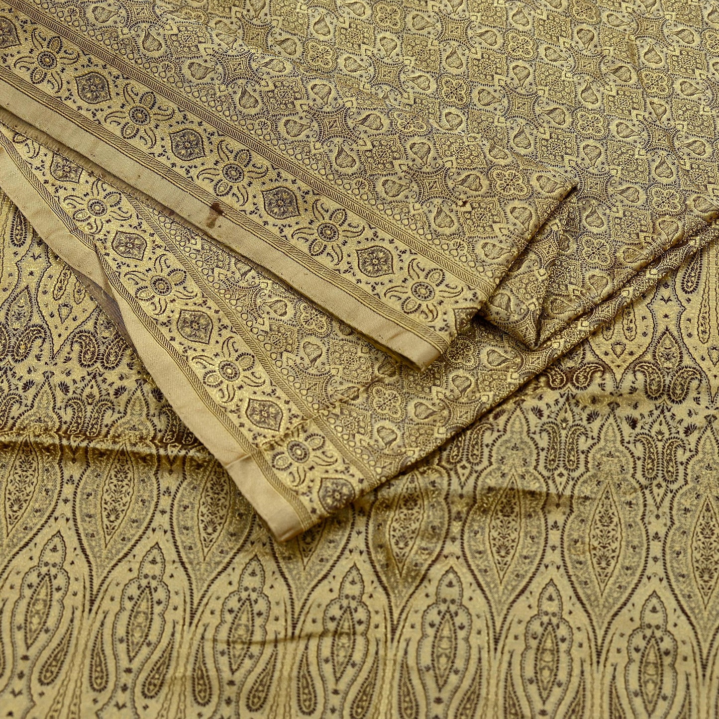 Indian Vintage Sari Beige Heavy Pure Satin Silk Hand Woven Tanchoi Sarees Ethnic Wear 5Yd Paisley Craft Fabric Dress Making Crafting