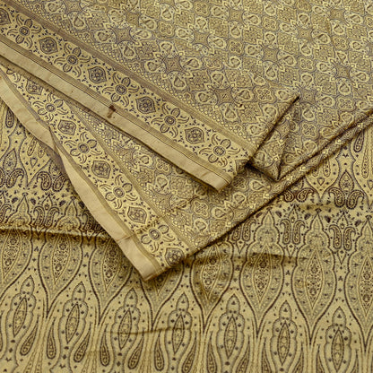 Indian Vintage Sari Beige Heavy Pure Satin Silk Hand Woven Tanchoi Sarees Ethnic Wear 5Yd Paisley Craft Fabric Dress Making Crafting