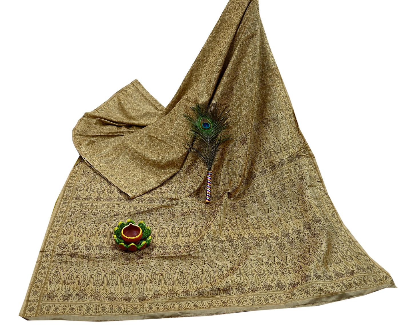 Indian Vintage Sari Beige Heavy Pure Satin Silk Hand Woven Tanchoi Sarees Ethnic Wear 5Yd Paisley Craft Fabric Dress Making Crafting
