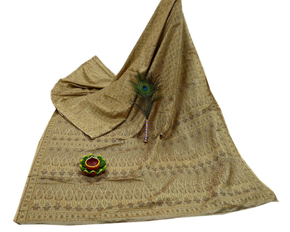 Indian Vintage Sari Beige Heavy Pure Satin Silk Hand Woven Tanchoi Sarees Ethnic Wear 5Yd Paisley Craft Fabric Dress Making Crafting