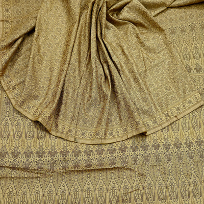 Indian Vintage Sari Beige Heavy Pure Satin Silk Hand Woven Tanchoi Sarees Ethnic Wear 5Yd Paisley Craft Fabric Dress Making Crafting