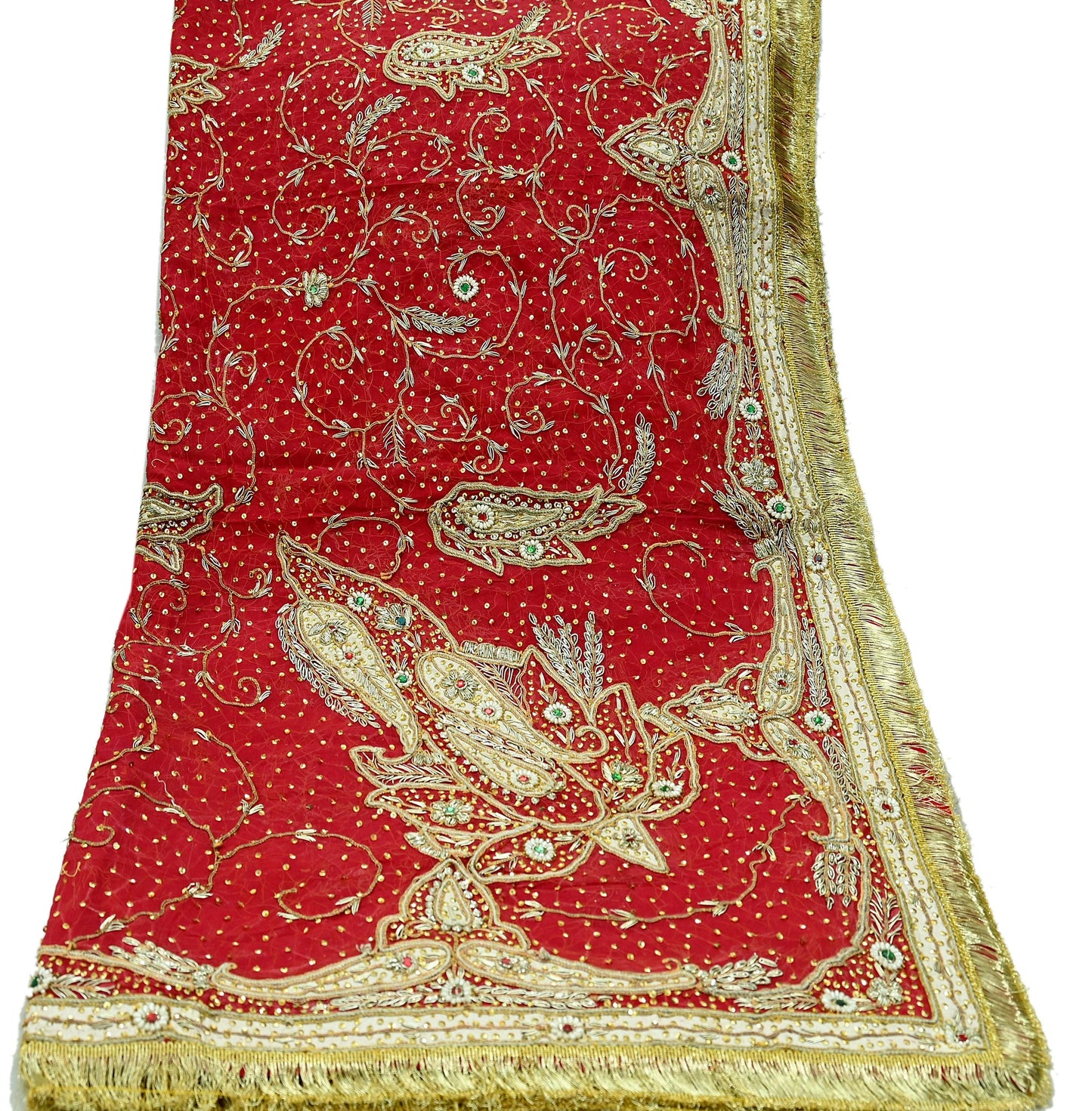 Indian Vintage Heavy Bridal Red Dupatta Pure Chiffon Silk Long Stole Hand Embroidered Scarf Zardozi/Dabka Zari Sequins Wedding Veil Hijab