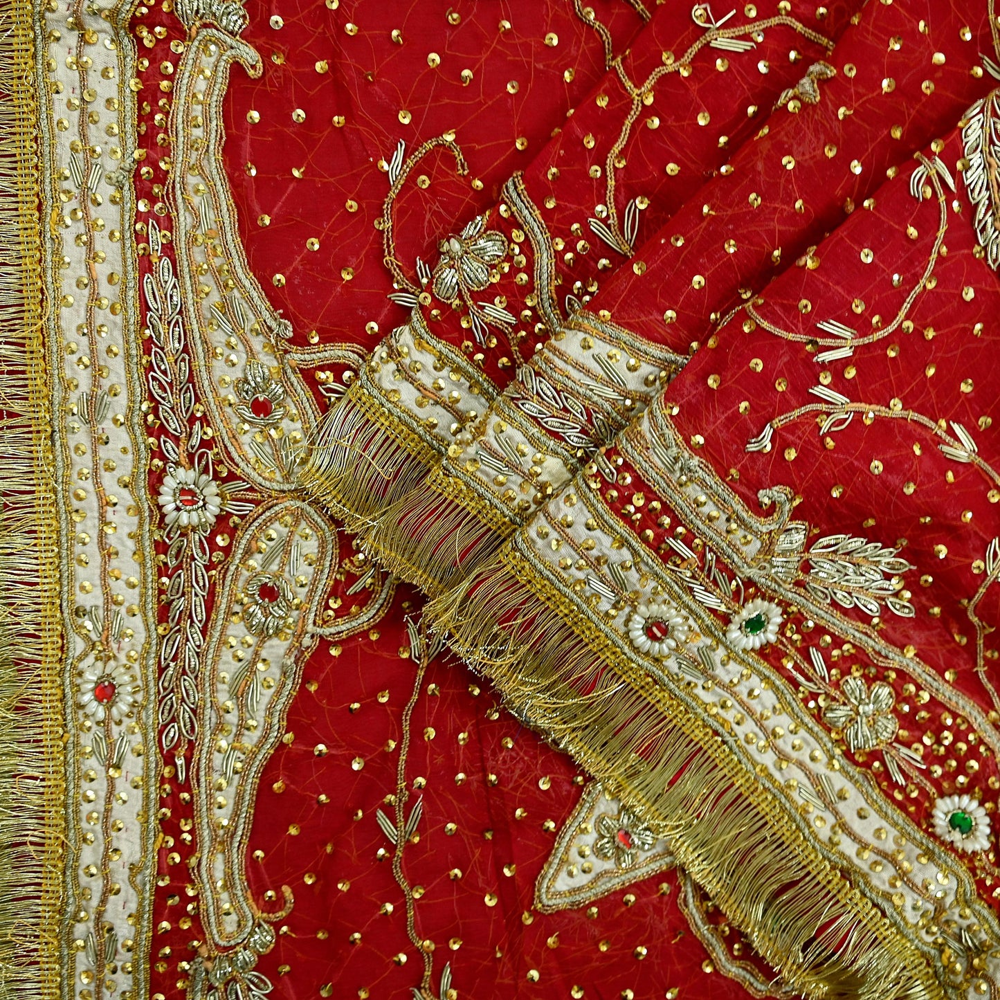 Indian Vintage Heavy Bridal Red Dupatta Pure Chiffon Silk Long Stole Hand Embroidered Scarf Zardozi/Dabka Zari Sequins Wedding Veil Hijab