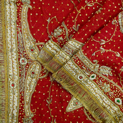 Indian Vintage Heavy Bridal Red Dupatta Pure Chiffon Silk Long Stole Hand Embroidered Scarf Zardozi/Dabka Zari Sequins Wedding Veil Hijab