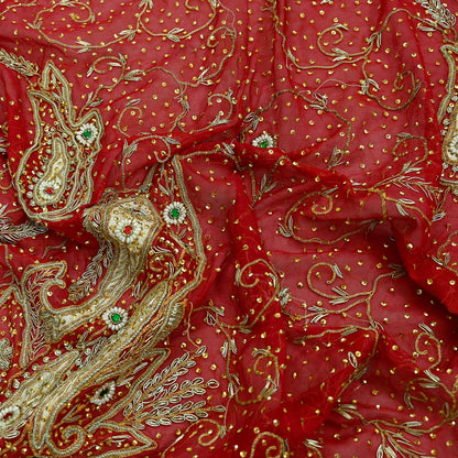 Indian Vintage Heavy Bridal Red Dupatta Pure Chiffon Silk Long Stole Hand Embroidered Scarf Zardozi/Dabka Zari Sequins Wedding Veil Hijab