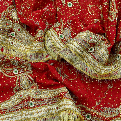 Indian Vintage Heavy Bridal Red Dupatta Pure Chiffon Silk Long Stole Hand Embroidered Scarf Zardozi/Dabka Zari Sequins Wedding Veil Hijab