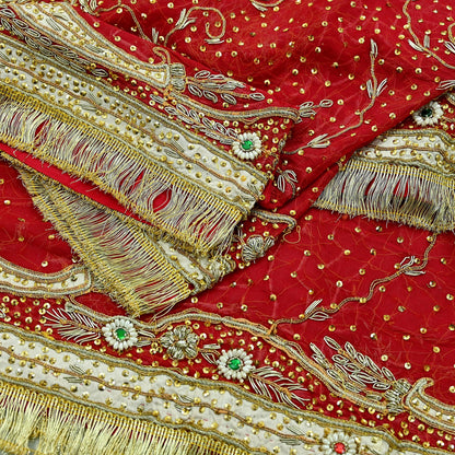Indian Vintage Heavy Bridal Red Dupatta Pure Chiffon Silk Long Stole Hand Embroidered Scarf Zardozi/Dabka Zari Sequins Wedding Veil Hijab