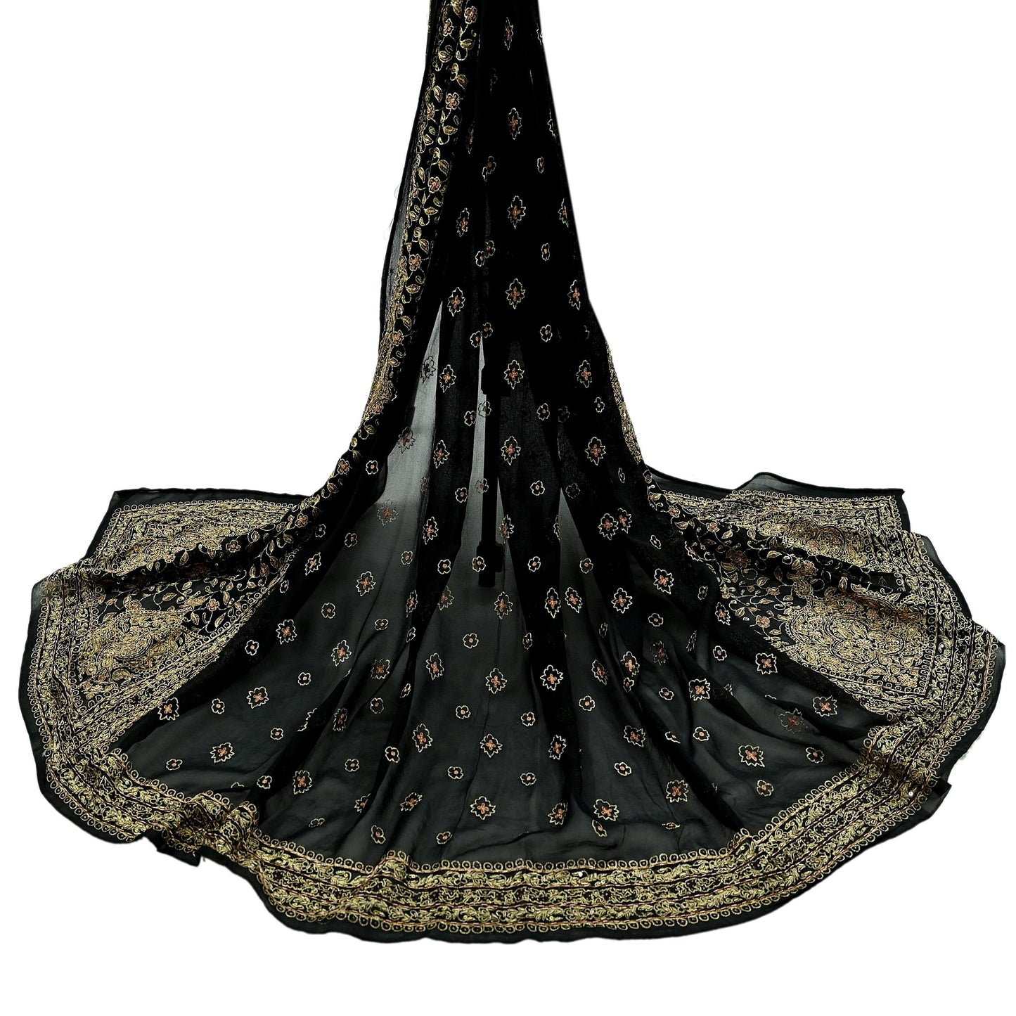 Indian Vintage Heavy Black Dupatta Pure Georgette Silk Long Stole Hand Embroidered Designer By Ritu Kumar Scarves Scarf Zari Zardozi