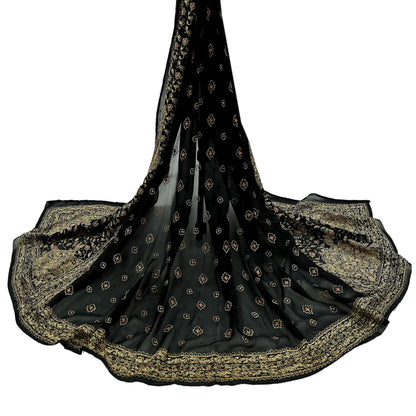 Indian Vintage Heavy Black Dupatta Pure Georgette Silk Long Stole Hand Embroidered Designer By Ritu Kumar Scarves Scarf Zari Zardozi