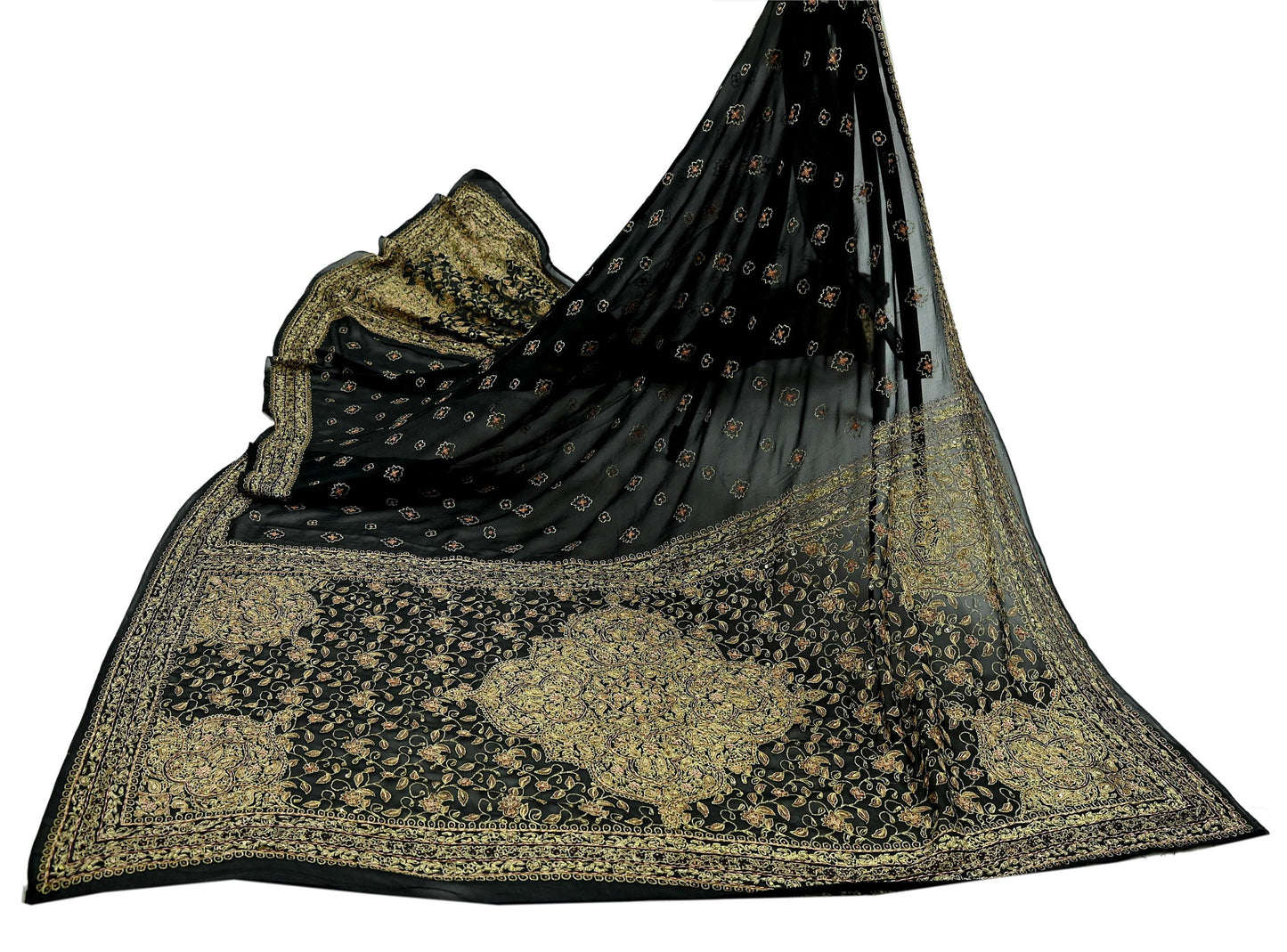 Indian Vintage Heavy Black Dupatta Pure Georgette Silk Long Stole Hand Embroidered Designer By Ritu Kumar Scarves Scarf Zari Zardozi