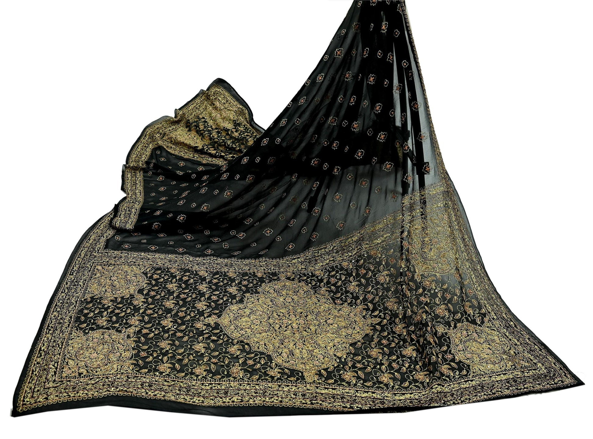 Indian Vintage Heavy Black Dupatta Pure Georgette Silk Long Stole Hand Embroidered Designer By Ritu Kumar Scarves Scarf Zari Zardozi
