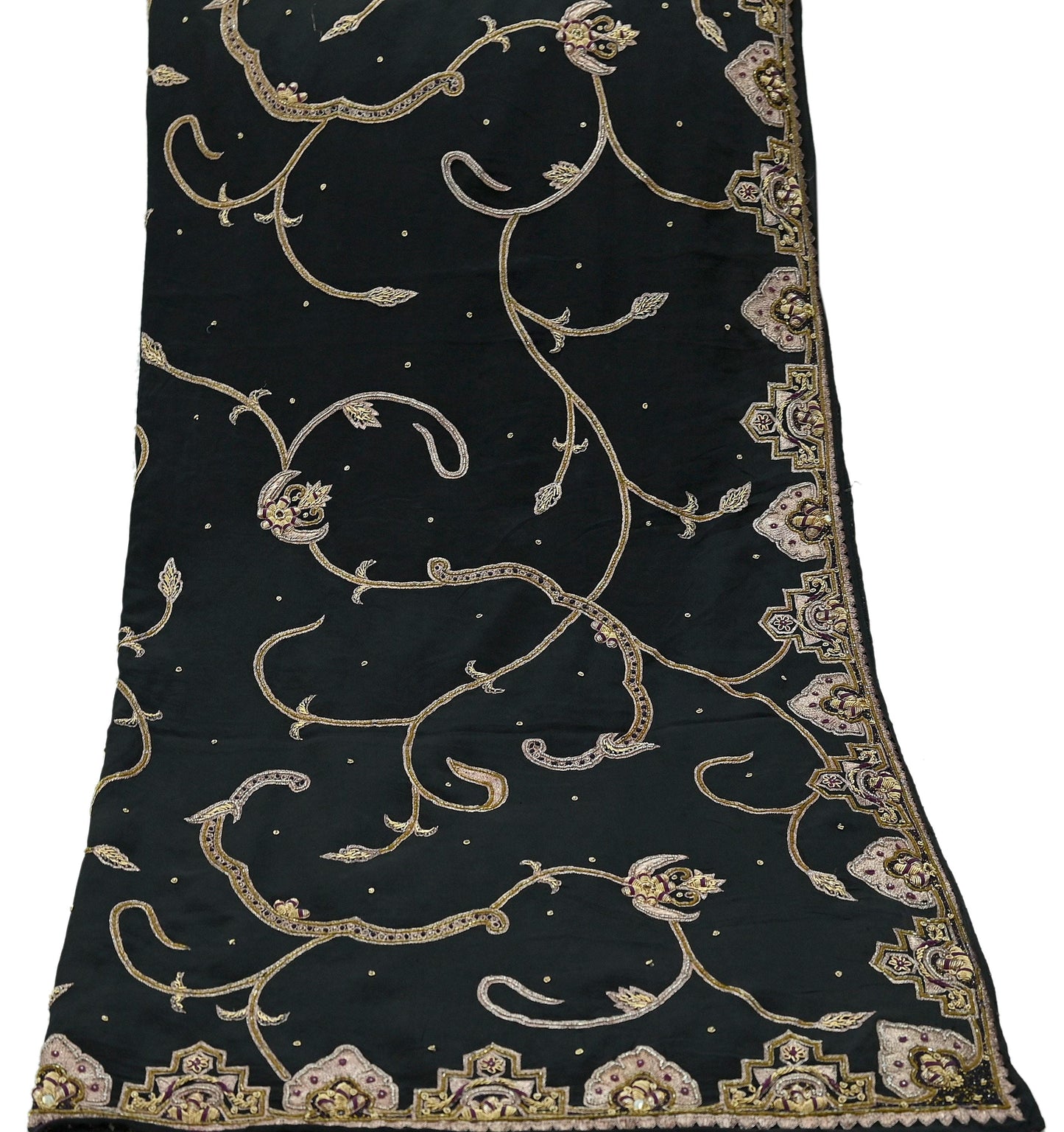 Indian Vintage Heavy Black Dupatta Pure Crepe Silk Long Stole Hand Embroidered Scarves Dabka Zardozi Zari Stole
