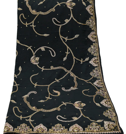 Indian Vintage Heavy Black Dupatta Pure Crepe Silk Long Stole Hand Embroidered Scarves Dabka Zardozi Zari Stole