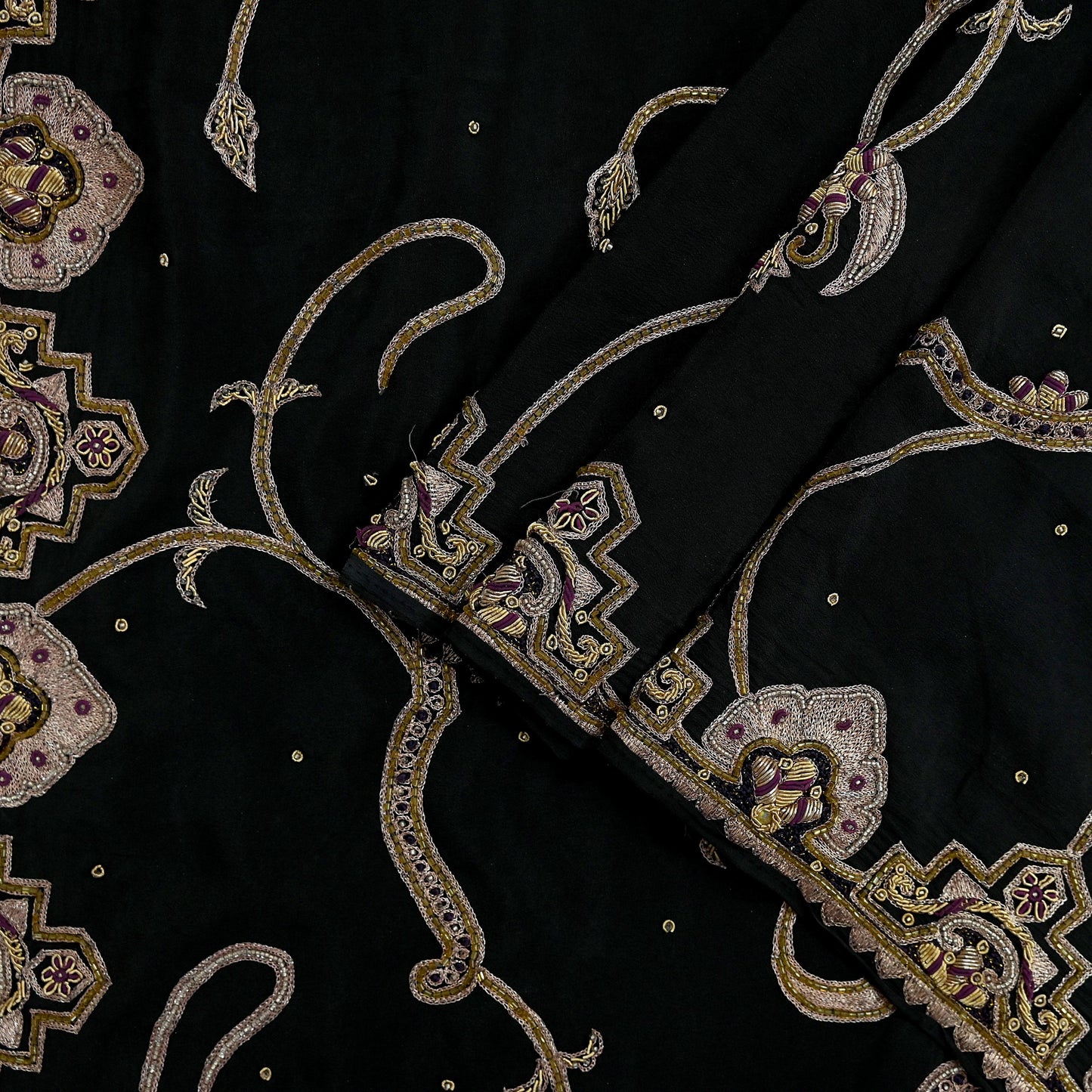 Indian Vintage Heavy Black Dupatta Pure Crepe Silk Long Stole Hand Embroidered Scarves Dabka Zardozi Zari Stole