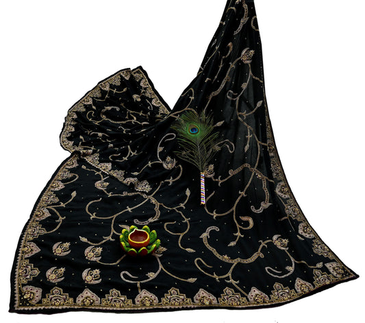 Indian Vintage Heavy Black Dupatta Pure Crepe Silk Long Stole Hand Embroidered Scarves Dabka Zardozi Zari Stole
