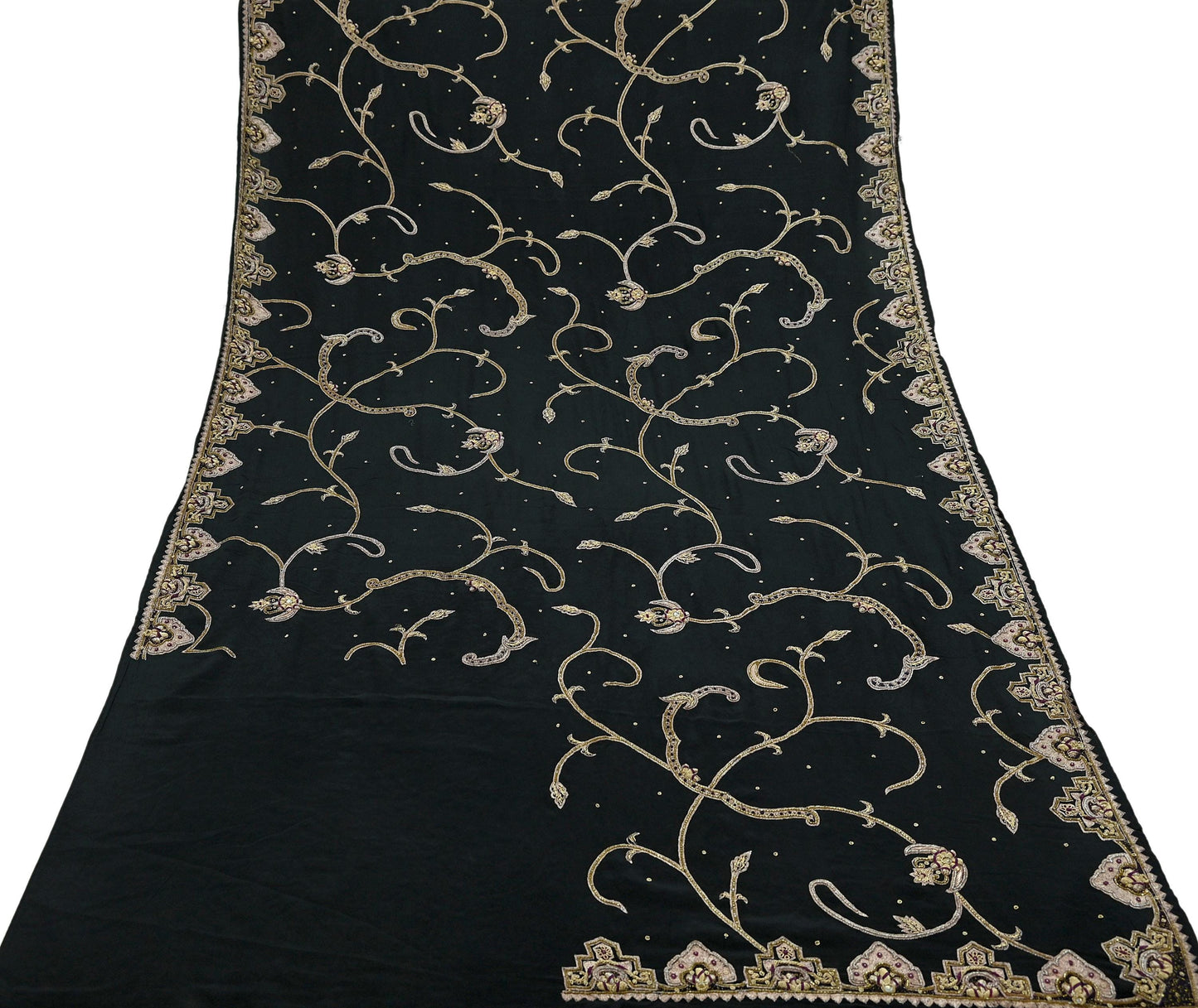 Indian Vintage Heavy Black Dupatta Pure Crepe Silk Long Stole Hand Embroidered Scarves Dabka Zardozi Zari Stole
