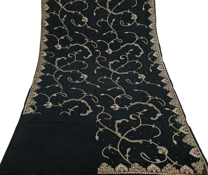 Indian Vintage Heavy Black Dupatta Pure Crepe Silk Long Stole Hand Embroidered Scarves Dabka Zardozi Zari Stole