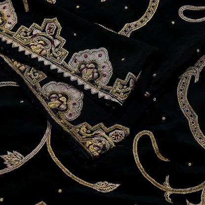Indian Vintage Heavy Black Dupatta Pure Crepe Silk Long Stole Hand Embroidered Scarves Dabka Zardozi Zari Stole