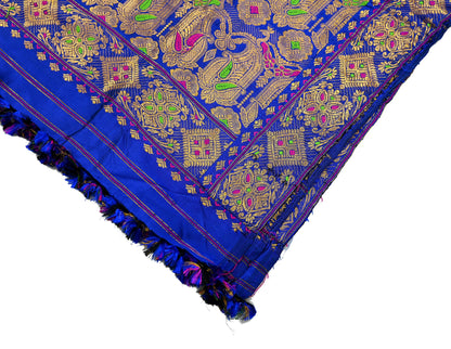 Indian Antique Vintage Heavy Blue Dupatta Pure Silk Long Stole Hand Woven Assam Scarves Veil Scarf Zari Fringes