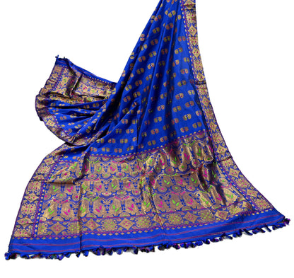 Indian Antique Vintage Heavy Blue Dupatta Pure Silk Long Stole Hand Woven Assam Scarves Veil Scarf Zari Fringes