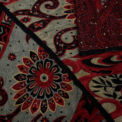 Indian Vintage Sari Black & Red Pure Crepe Silk Printed Saree 5yard Sewing Rose Flower Soft Craft Fabric Wrap