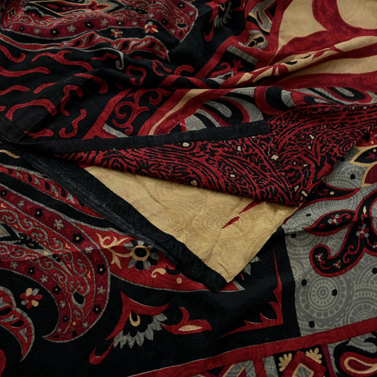 Indian Vintage Sari Black & Red Pure Crepe Silk Printed Saree 5yard Sewing Rose Flower Soft Craft Fabric Wrap